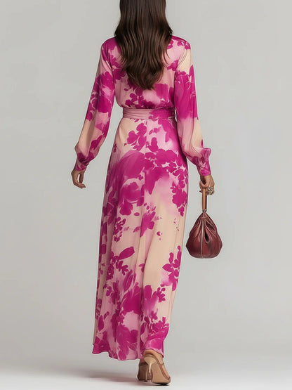 Elegant Rose Red Floral Maxi Dress for Women with V Neck Balloon Sleeve Wrap Sash Flowing Style