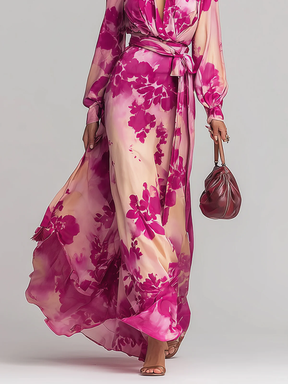 Elegant Rose Red Floral Maxi Dress for Women with V Neck Balloon Sleeve Wrap Sash Flowing Style