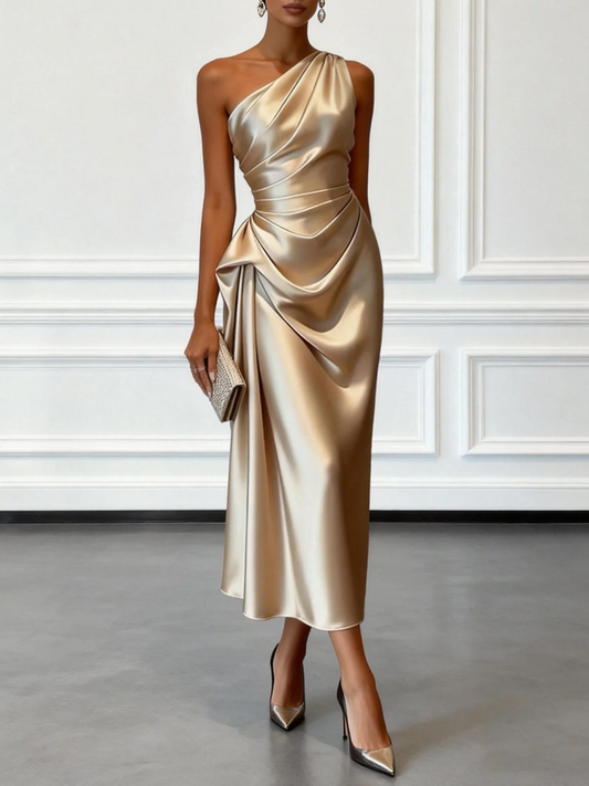 Elegant Satin Midi Dress for Women with One Shoulder Sleeveless Draped Ruched Sheath Style