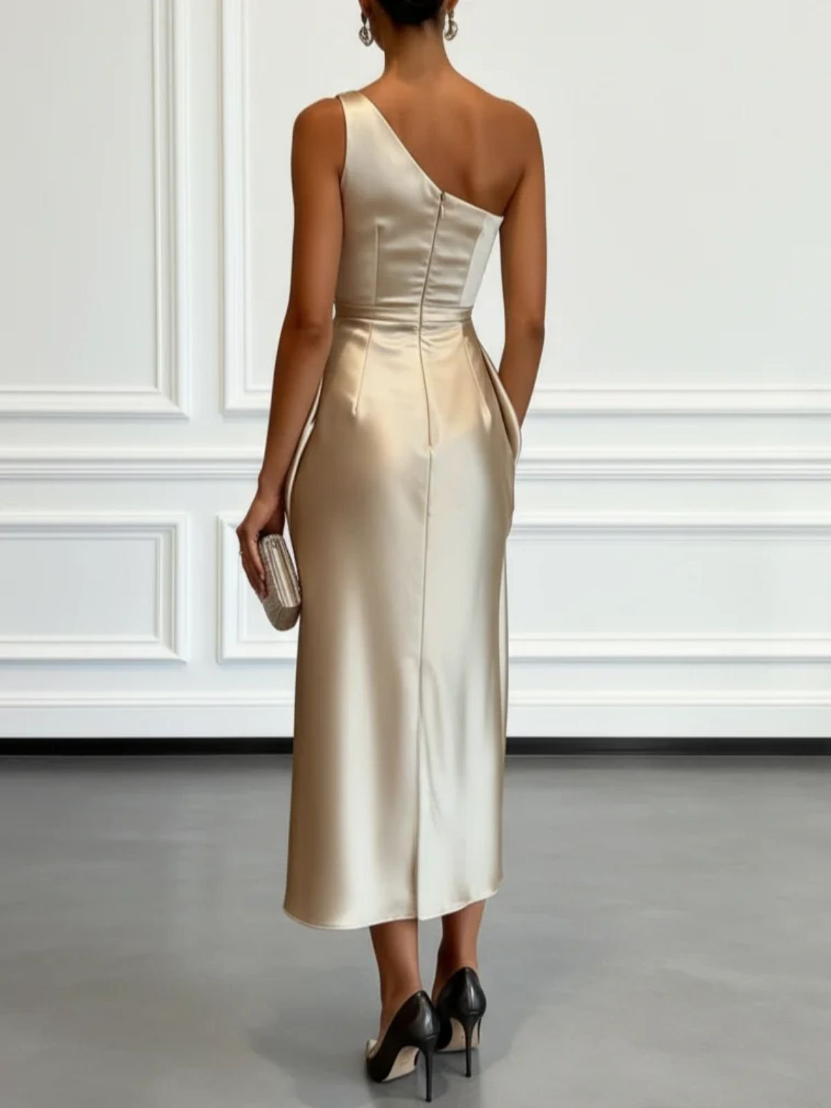 Elegant Satin Midi Dress for Women with One Shoulder Sleeveless Draped Ruched Sheath Style