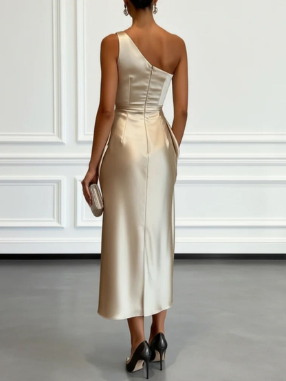 Elegant Satin Midi Dress for Women with One Shoulder Sleeveless Draped Ruched Sheath Style