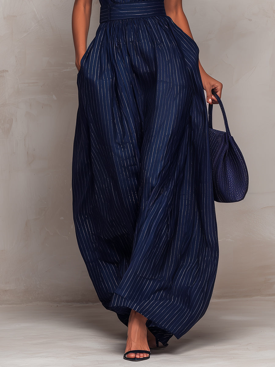 Elegant Dark Blue Pinstripe Jumpsuit for Women with Mock Neck Sleeveless Wide Leg Belted Style