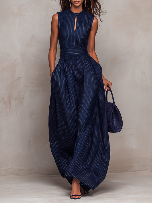 Elegant Dark Blue Pinstripe Jumpsuit for Women with Mock Neck Sleeveless Wide Leg Belted Style