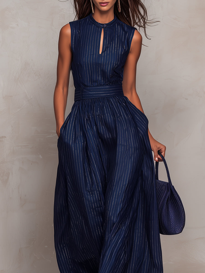 Elegant Dark Blue Pinstripe Jumpsuit for Women with Mock Neck Sleeveless Wide Leg Belted Style