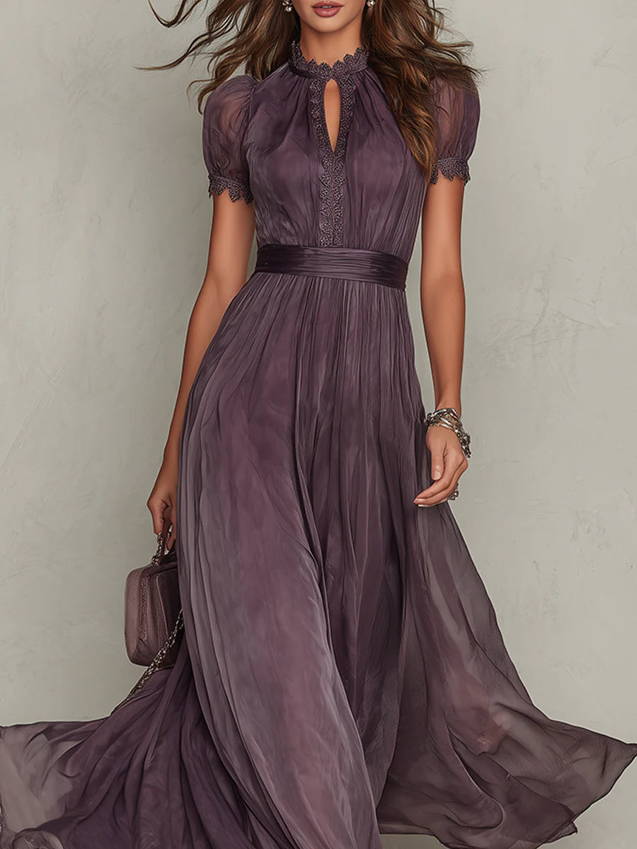 Elegant Chiffon Maxi Dress for Women with High Neck Lace Trim Puff Sleeve Flowing Wedding Guest Style