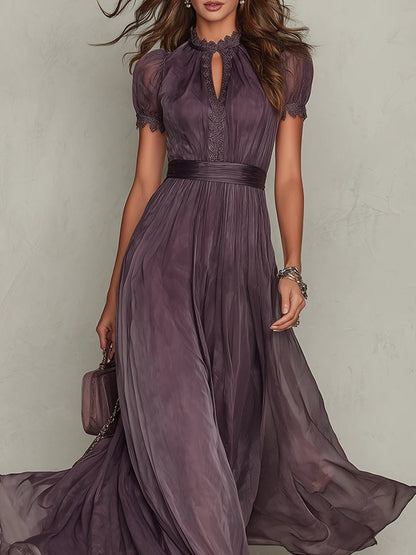 Elegant Chiffon Maxi Dress for Women with High Neck Lace Trim Puff Sleeve Flowing Wedding Guest Style