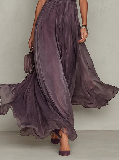 Elegant Chiffon Maxi Dress for Women with High Neck Lace Trim Puff Sleeve Flowing Wedding Guest Style