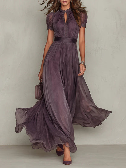 Elegant Chiffon Maxi Dress for Women with High Neck Lace Trim Puff Sleeve Flowing Wedding Guest Style