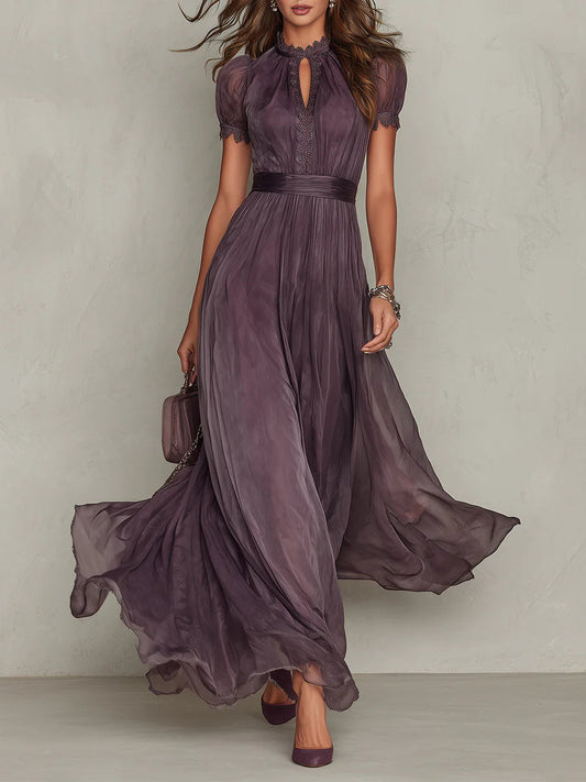 Elegant Chiffon Maxi Dress for Women with High Neck Lace Trim Puff Sleeve Flowing Wedding Guest Style