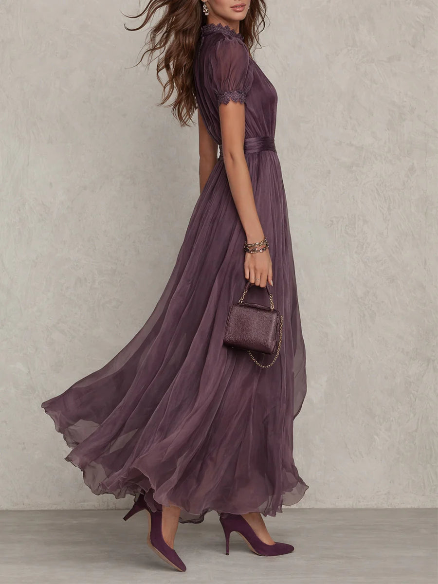 Elegant Chiffon Maxi Dress for Women with High Neck Lace Trim Puff Sleeve Flowing Wedding Guest Style