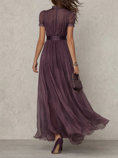 Elegant Chiffon Maxi Dress for Women with High Neck Lace Trim Puff Sleeve Flowing Wedding Guest Style