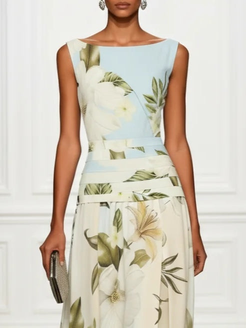 Elegant Blue Floral Maxi Dress for Women with Boat Neck Sleeveless Wrapped Waist Flowing Style