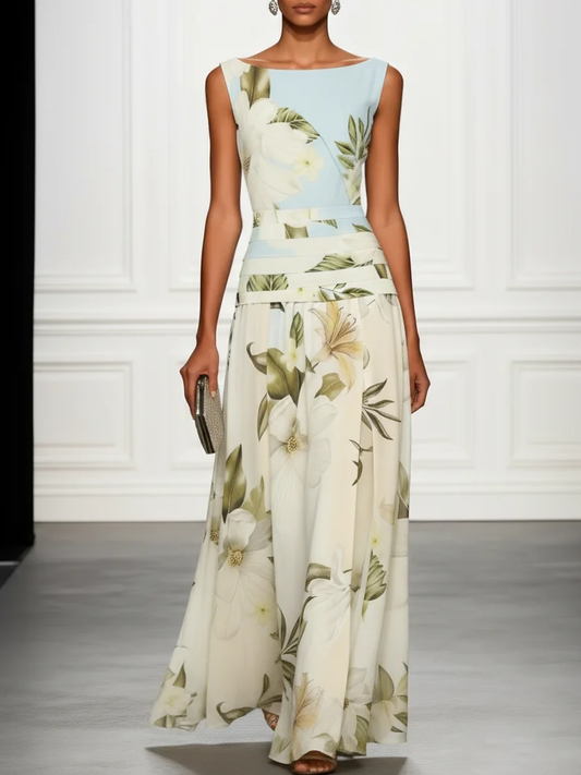 Elegant Blue Floral Maxi Dress for Women with Boat Neck Sleeveless Wrapped Waist Flowing Style