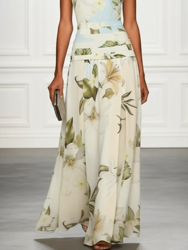 Elegant Blue Floral Maxi Dress for Women with Boat Neck Sleeveless Wrapped Waist Flowing Style