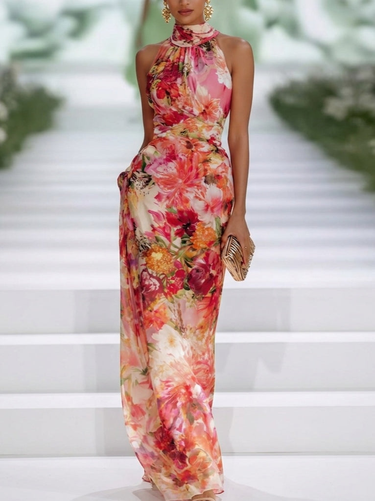 Elegant Red Floral Maxi Dress for Women with Halter Neck Sleeveless Draped Formal Wedding Guest Style