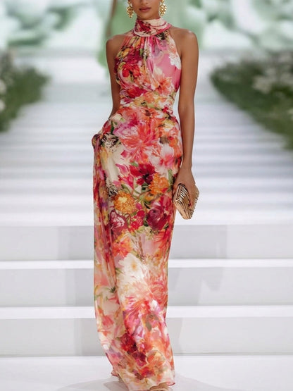 Elegant Red Floral Maxi Dress for Women with Halter Neck Sleeveless Draped Formal Wedding Guest Style