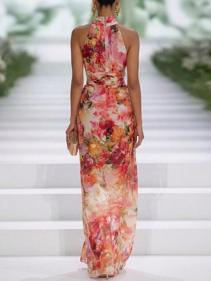 Elegant Red Floral Maxi Dress for Women with Halter Neck Sleeveless Draped Formal Wedding Guest Style
