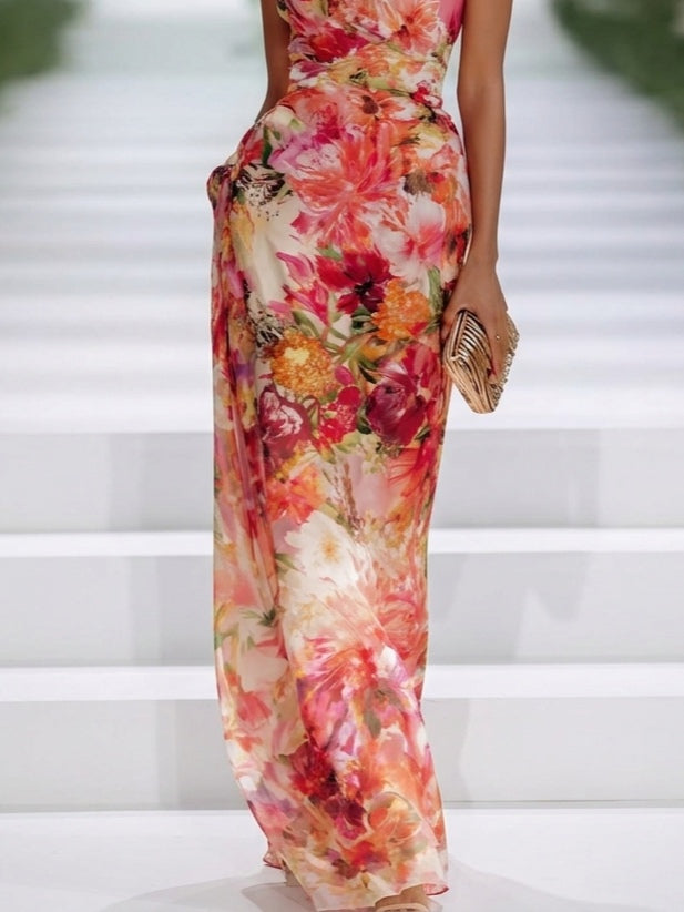 Elegant Red Floral Maxi Dress for Women with Halter Neck Sleeveless Draped Formal Wedding Guest Style