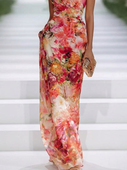 Elegant Red Floral Maxi Dress for Women with Halter Neck Sleeveless Draped Formal Wedding Guest Style