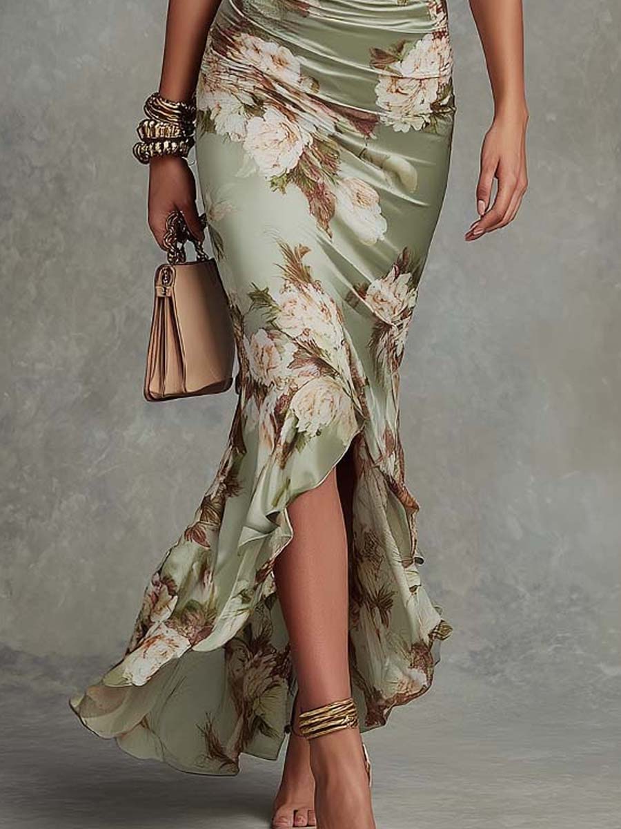Effortless Floral Maxi Dress for Women with V Neck Flutter Sleeve Ruffle High Low Mermaid Style