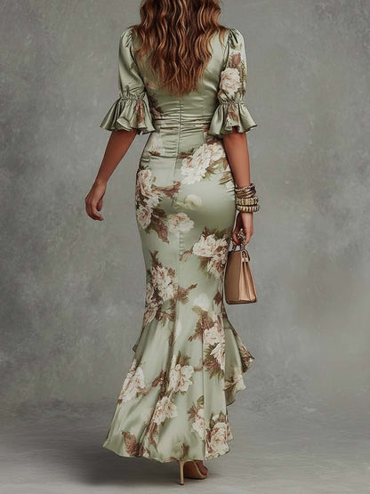 Effortless Floral Maxi Dress for Women with V Neck Flutter Sleeve Ruffle High Low Mermaid Style