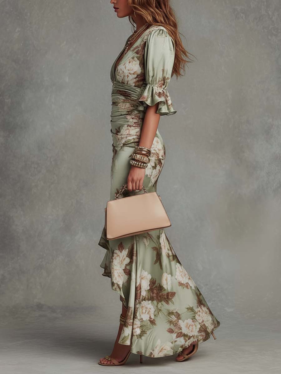 Effortless Floral Maxi Dress for Women with V Neck Flutter Sleeve Ruffle High Low Mermaid Style