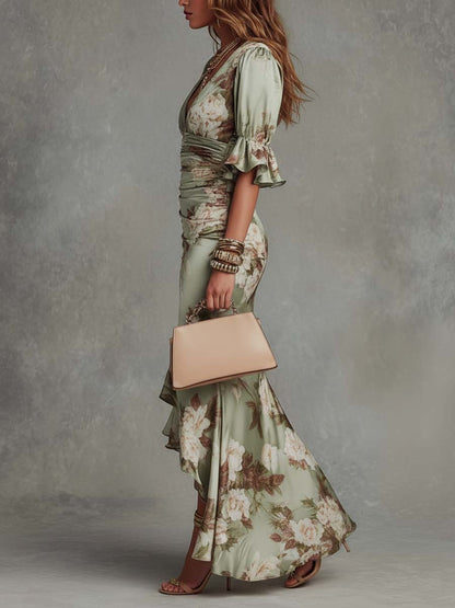 Effortless Floral Maxi Dress for Women with V Neck Flutter Sleeve Ruffle High Low Mermaid Style