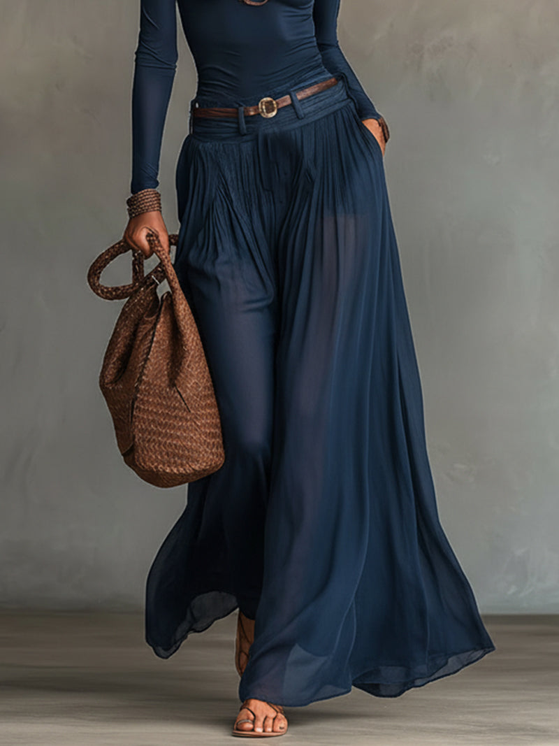 Elegant Navy Chiffon Two Piece Set for Women with One Shoulder Long Sleeve Top Wide Leg Maxi Skirt Bohemian Style