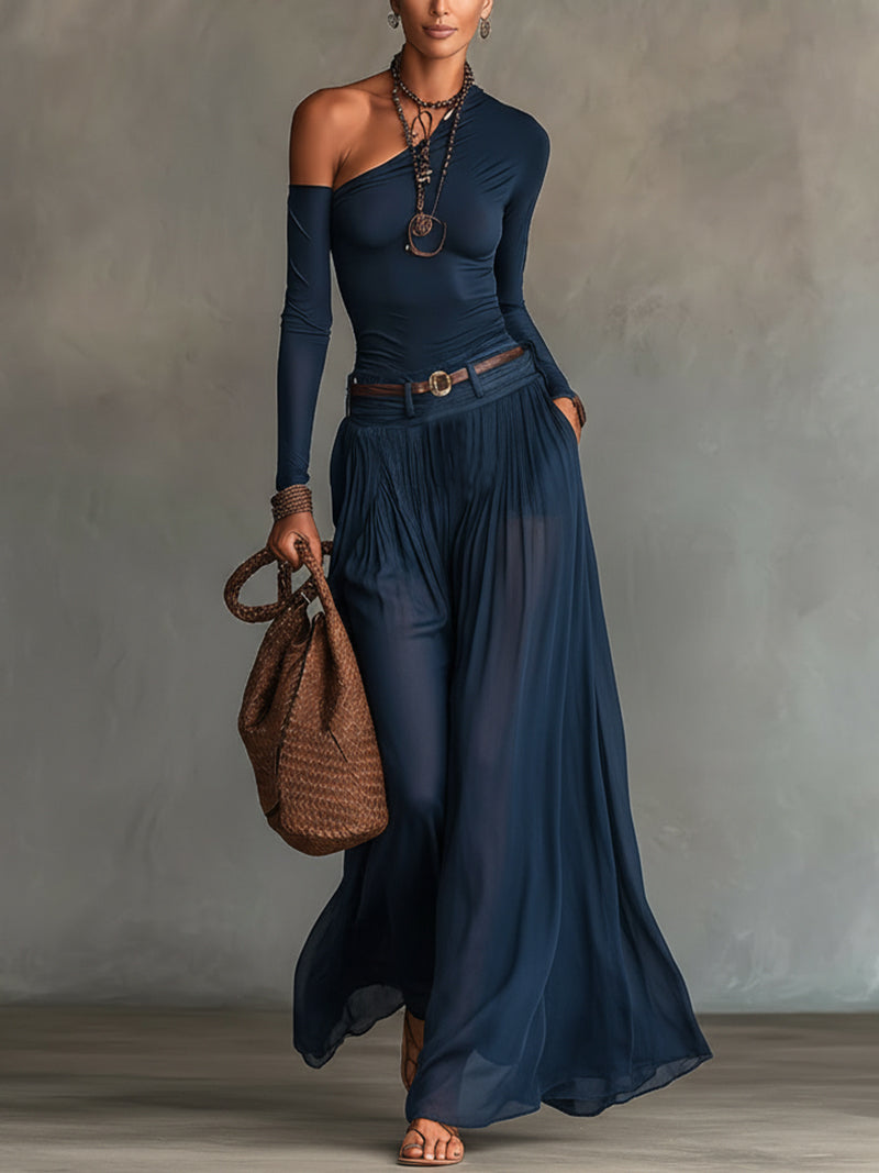 Elegant Navy Chiffon Two Piece Set for Women with One Shoulder Long Sleeve Top Wide Leg Maxi Skirt Bohemian Style