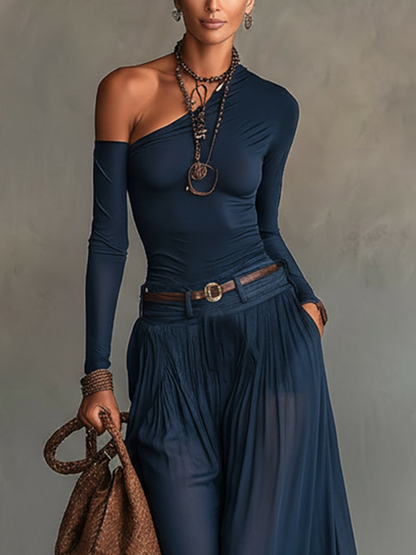 Elegant Navy Chiffon Two Piece Set for Women with One Shoulder Long Sleeve Top Wide Leg Maxi Skirt Bohemian Style