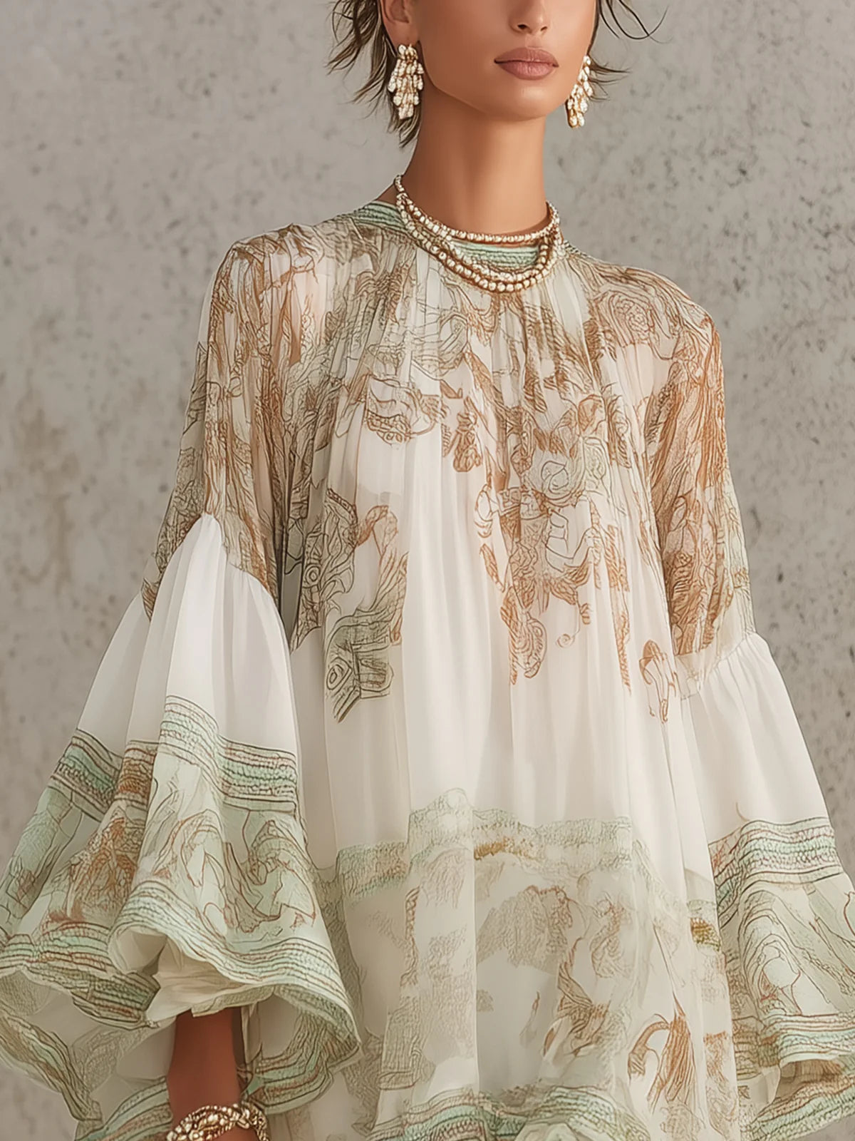 Effortless Green Print Mini Dress for Women with High Neck Bell Sleeve Tiered Ruffle Bohemian Style