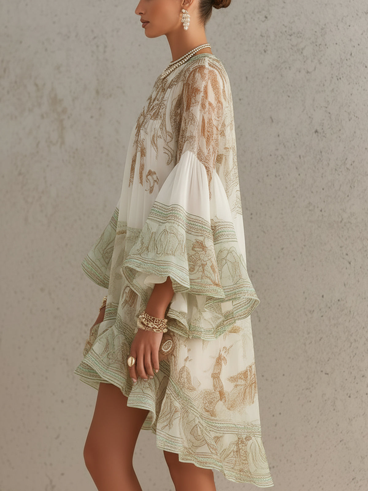 Effortless Green Print Mini Dress for Women with High Neck Bell Sleeve Tiered Ruffle Bohemian Style