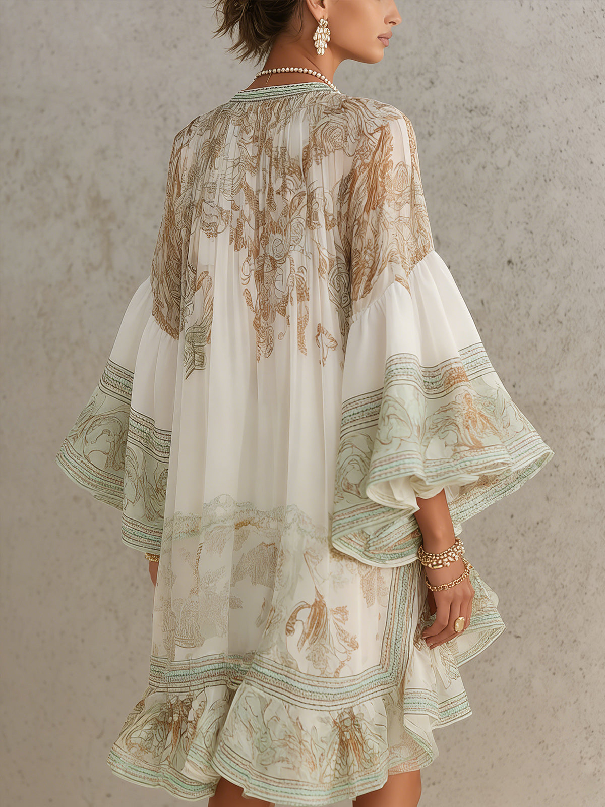 Effortless Green Print Mini Dress for Women with High Neck Bell Sleeve Tiered Ruffle Bohemian Style
