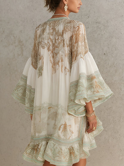Effortless Green Print Mini Dress for Women with High Neck Bell Sleeve Tiered Ruffle Bohemian Style