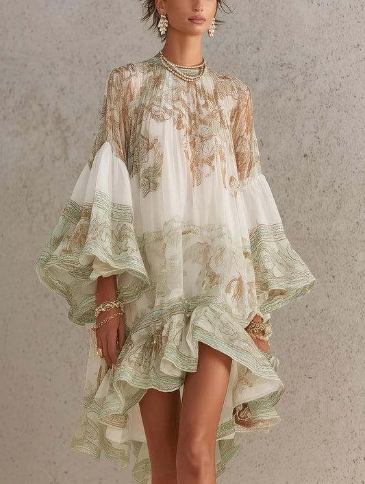 Effortless Green Print Mini Dress for Women with High Neck Bell Sleeve Tiered Ruffle Bohemian Style