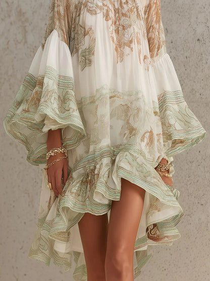 Effortless Green Print Mini Dress for Women with High Neck Bell Sleeve Tiered Ruffle Bohemian Style