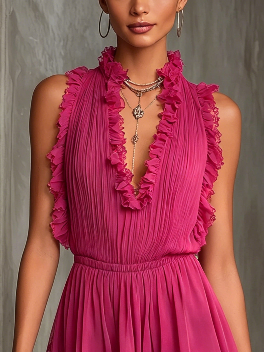 Elegant Fuchsia Ruffle Romper for Women with V Neck Sleeveless Lace Trim Pleated Flowing Style
