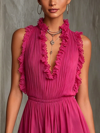 Elegant Fuchsia Ruffle Romper for Women with V Neck Sleeveless Lace Trim Pleated Flowing Style