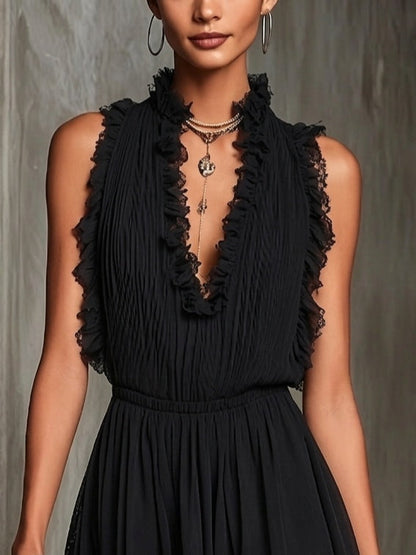 Elegant Black Lace Romper for Women with High Neck Sleeveless Ruffle Trim Cocktail Style