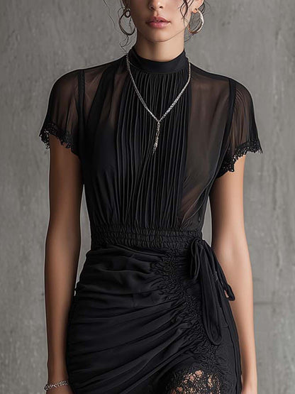 Elegant Black Mesh Mini Dress for Women with High Neck Short Sleeve Ruched Lace Trim Cocktail Style