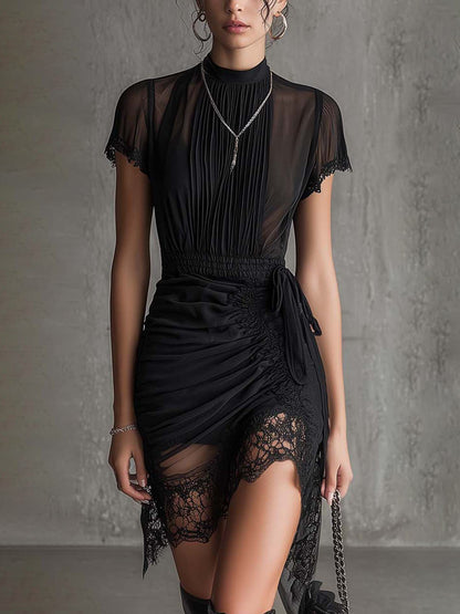 Elegant Black Mesh Mini Dress for Women with High Neck Short Sleeve Ruched Lace Trim Cocktail Style