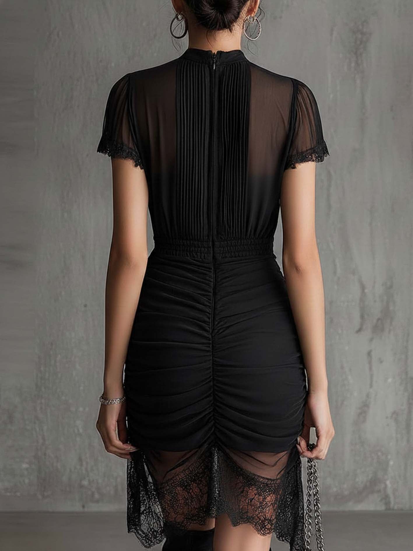 Elegant Black Mesh Mini Dress for Women with High Neck Short Sleeve Ruched Lace Trim Cocktail Style