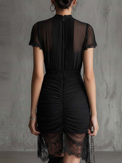 Elegant Black Mesh Mini Dress for Women with High Neck Short Sleeve Ruched Lace Trim Cocktail Style