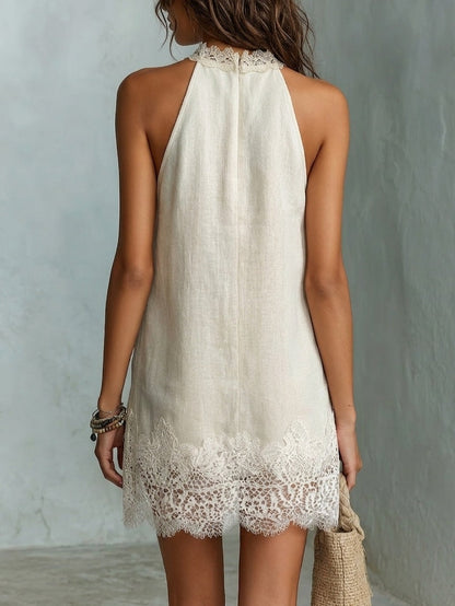 Effortless Off White Linen Mini Dress for Women with Halter Neck Lace Trim Flowing Bohemian Style
