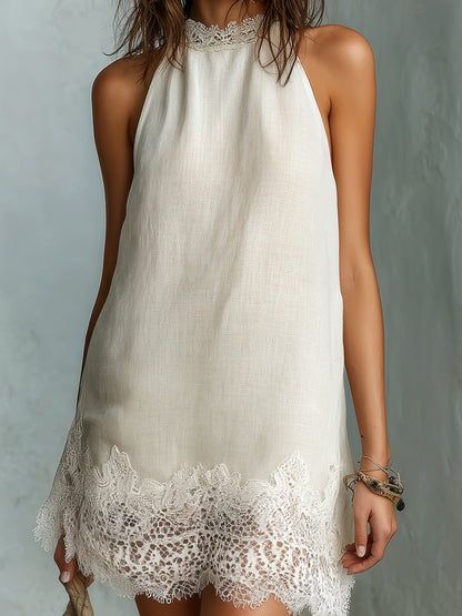 Effortless Off White Linen Mini Dress for Women with Halter Neck Lace Trim Flowing Bohemian Style