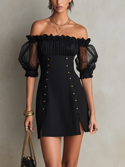 Elegant Black Mesh Mini Dress for Women with Off Shoulder Balloon Sleeve Studded Bodycon Style