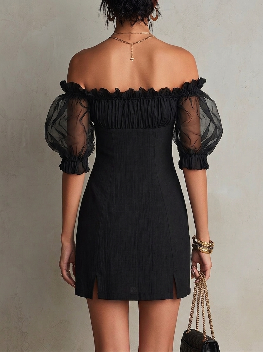 Elegant Black Mesh Mini Dress for Women with Off Shoulder Balloon Sleeve Studded Bodycon Style