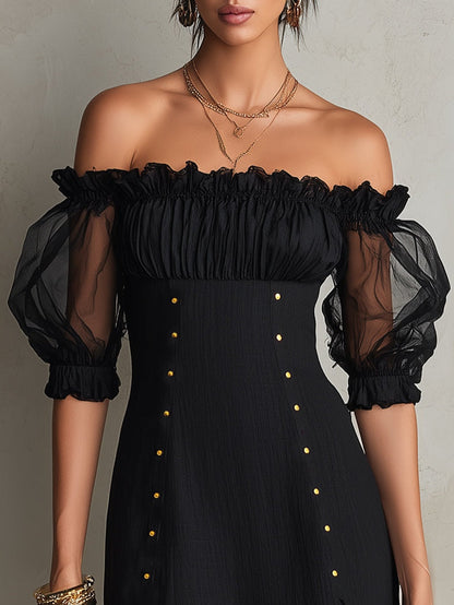 Elegant Black Mesh Mini Dress for Women with Off Shoulder Balloon Sleeve Studded Bodycon Style
