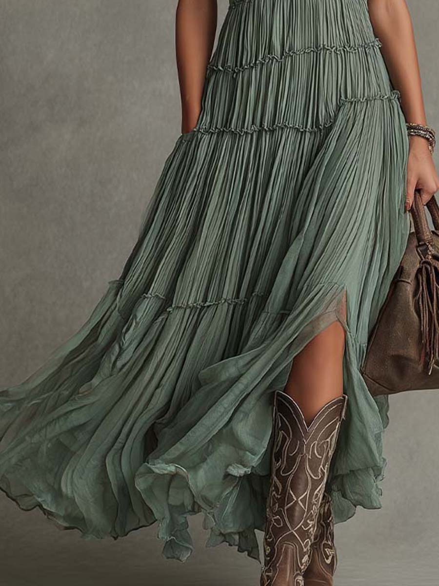 Effortless Pleated Chiffon Maxi Dress for Women with V Neck Sleeveless Tiered High Slit Bohemian Style