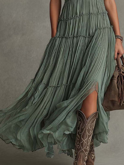 Effortless Pleated Chiffon Maxi Dress for Women with V Neck Sleeveless Tiered High Slit Bohemian Style